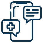 Icon of a dark blue outline of a phone with text and medical symbols. 