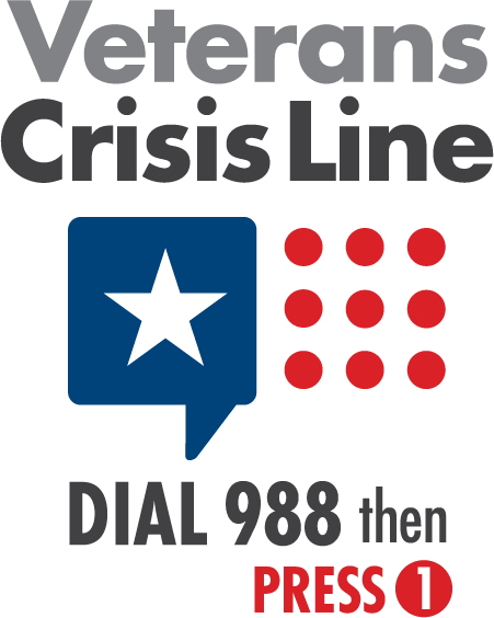 Veterans Crisis Line logo with instructions to dial 988 and press 1